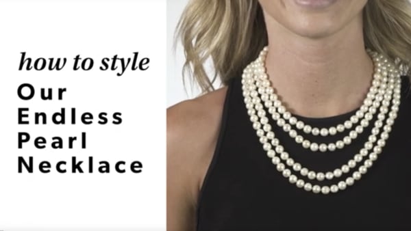 Endless pearls YouTube video. Model wearing endless pearl necklace.