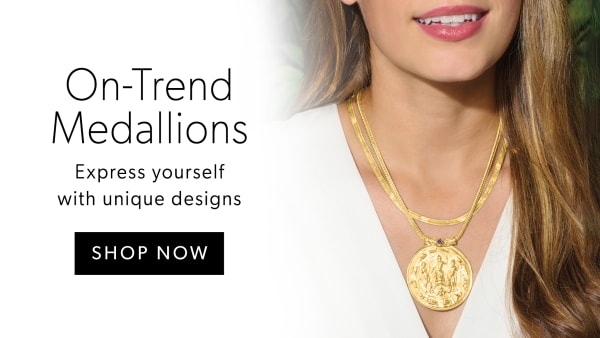 On-Trend Medallions. Wear These Striking Pendants Layered or Alone. Shop Now. Image Featuring 4 Medallions on a White Background