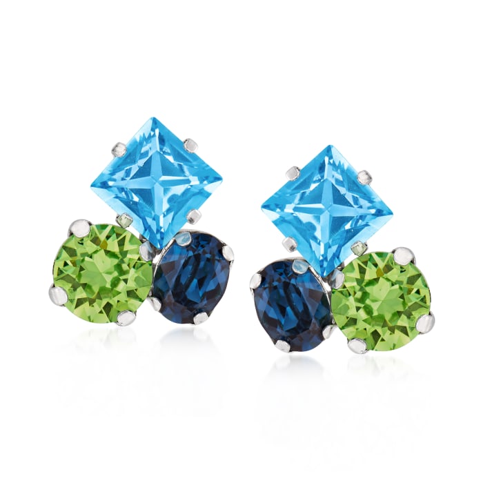 Italian Blue and Green Crystal Cluster Earrings in Sterling Silver