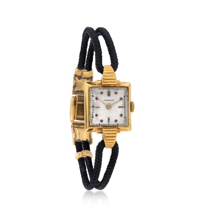 C. 1930 Vintage Tiffany Jewelry 14kt Yellow Gold and Black Cord Watch with Simulated Rubies