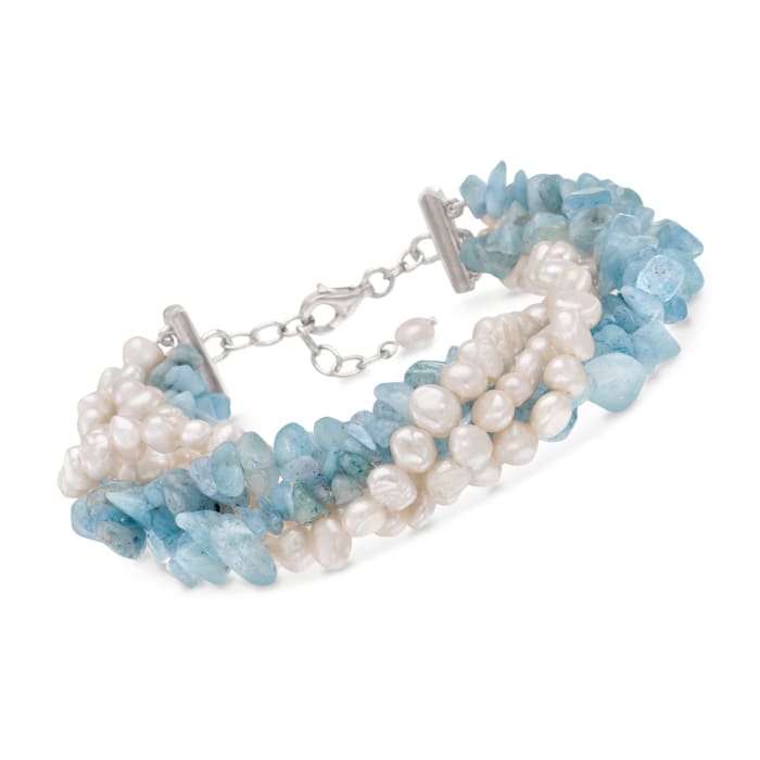 Cultured Pearl and Aquamarine Multi-Strand Bracelet with Sterling Silver Clasp
