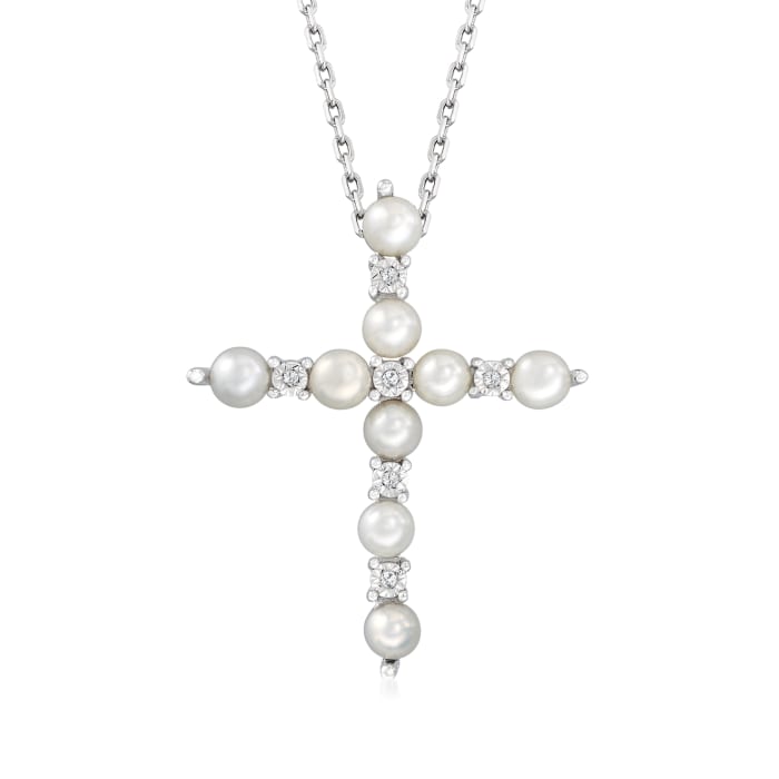 3mm Cultured Pearl Cross Pendant Necklace with Diamond Accents in Sterling Silver