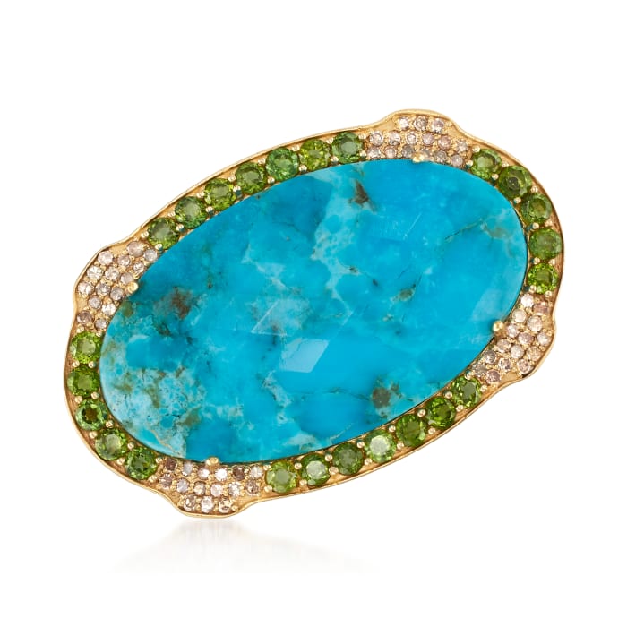 Turquoise, 1.00 ct. t.w. Tourmaline and .50 ct. t.w. Diamond Pin in 18kt Gold Over Sterling