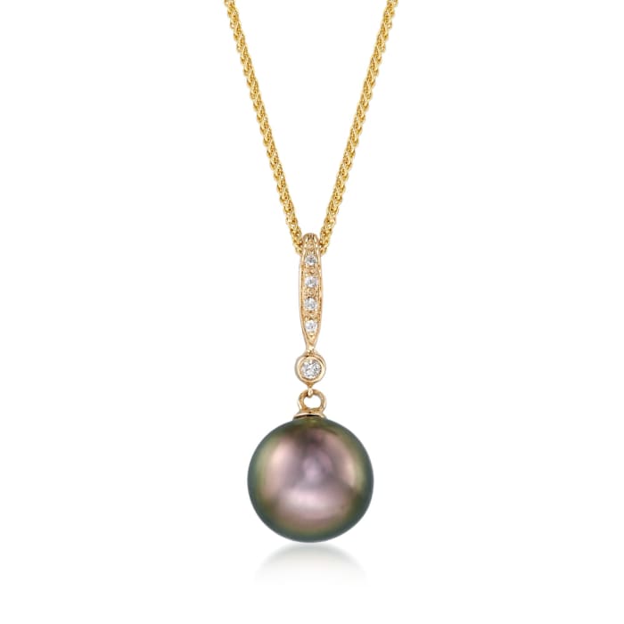 9.5mm Black Cultured Tahitian Pearl Pendant Necklace with Diamond Accents in 14kt Yellow Gold