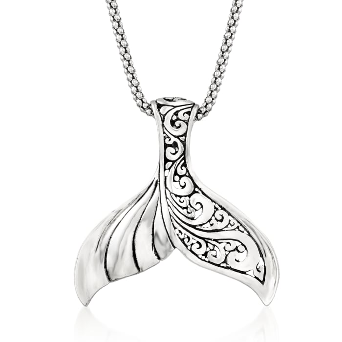 Sterling Silver Bali-Style Whale Tail Pendant Necklace 18-inch