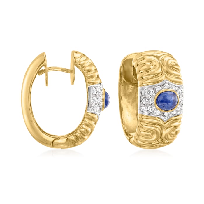 C. 1980 Vintage 1.90 ct. t.w. Sapphire and .75 ct. t.w. Diamond Hoop Earrings in 18kt Two-Tone Gold