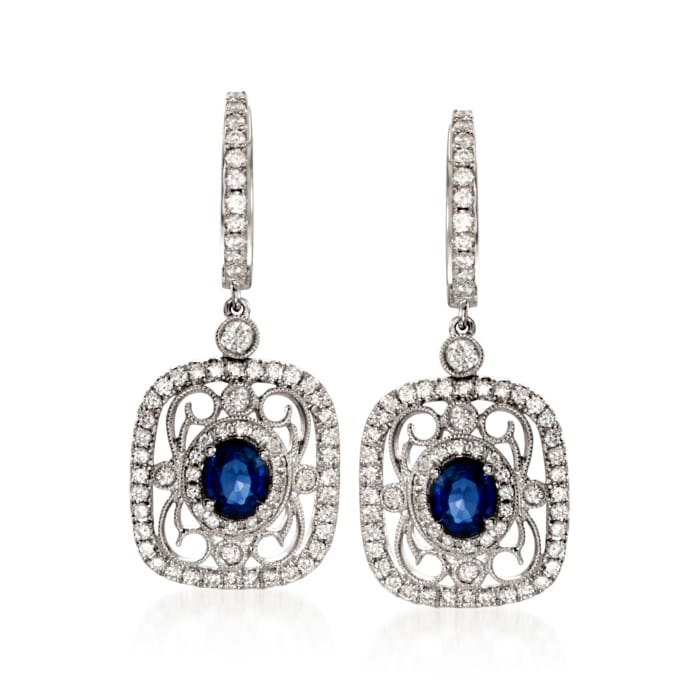 .82 ct. t.w. Sapphire and .78 ct. t.w. Diamond Drop Earrings in 18kt White Gold