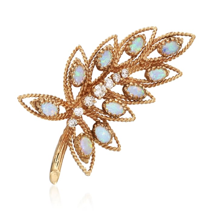 C. 1970 Vintage Opal and .65 ct. t.w. Diamond Leaf Pin in 14kt Yellow Gold