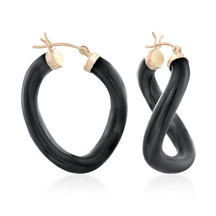 Black Agate Curved Hoop Earrings in 14kt Yellow Gold