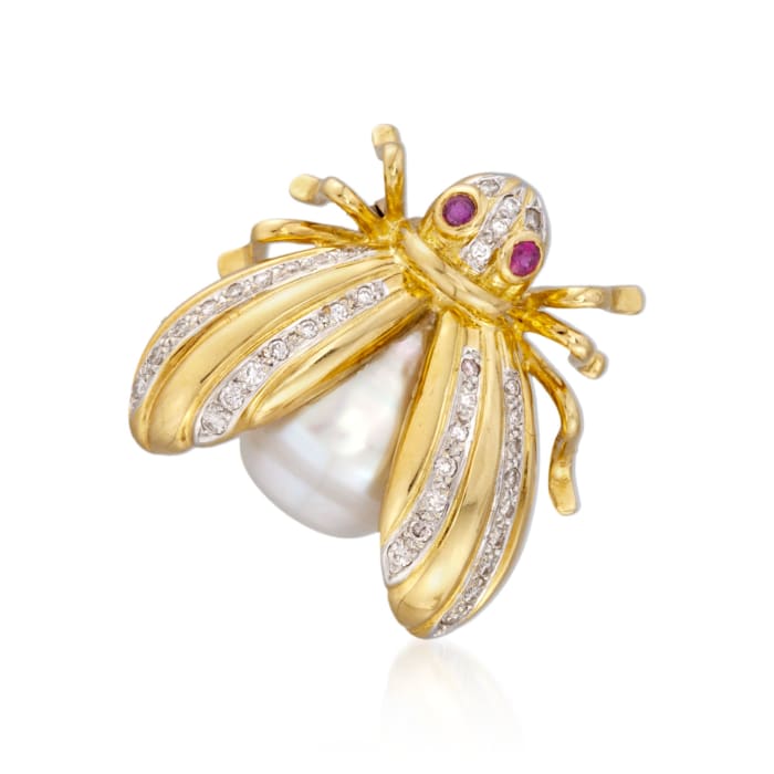 C. 1980 Vintage 12.5mm Cultured Pearl and .40 ct. t.w. Diamond Bug Pin With Rubies in 18kt Yellow Gold