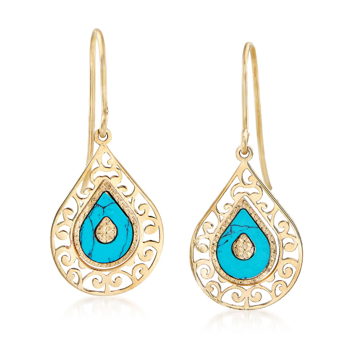 Italian Simulated Turquoise Drop Earrings in 14kt Yellow Gold