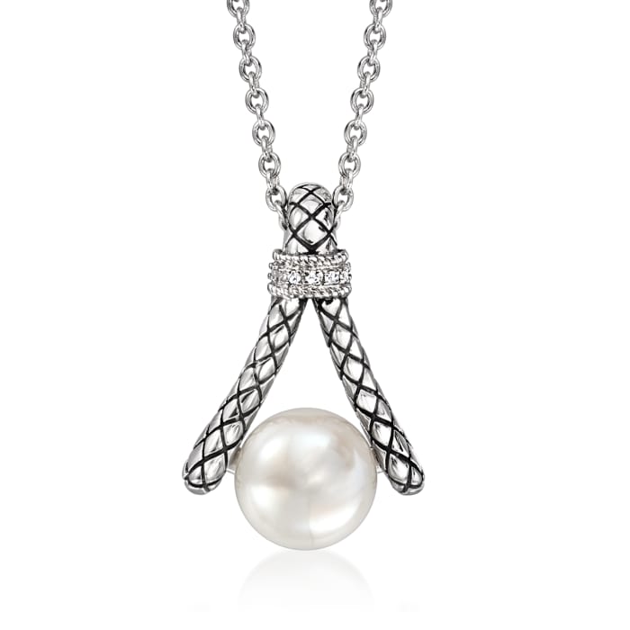 Andrea Candela &quot;Marbella&quot; 10mm Cultured Pearl Pendant Necklace in Sterling Silver with Diamond Accents and Black Enamel