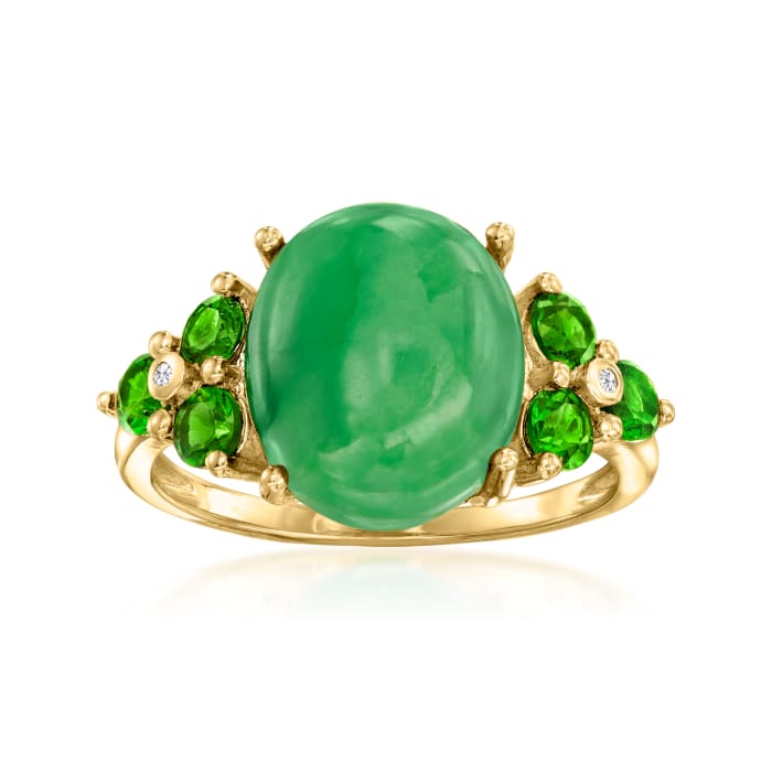 Jade and .70 ct. t.w. Chrome Diopside Ring with White Zircon Accents in 18kt Yellow Gold Over Sterling Silver