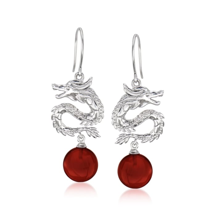 Red Agate Dragon Drop Earrings in Sterling Silver