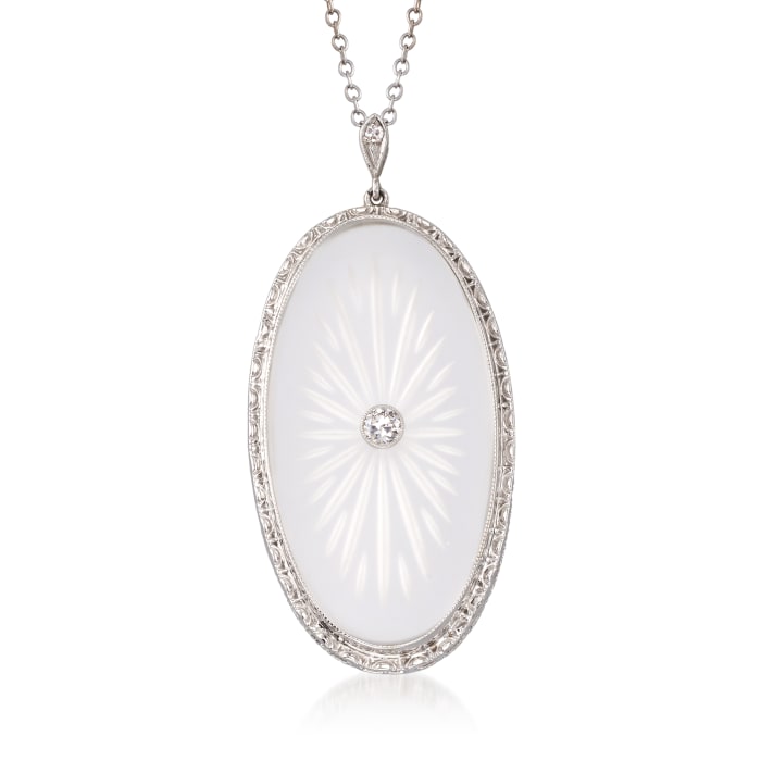 C. 1950 Vintage Rock Crystal and .14 ct. t.w. Diamond Oval Pendant Necklace in 14kt White Gold