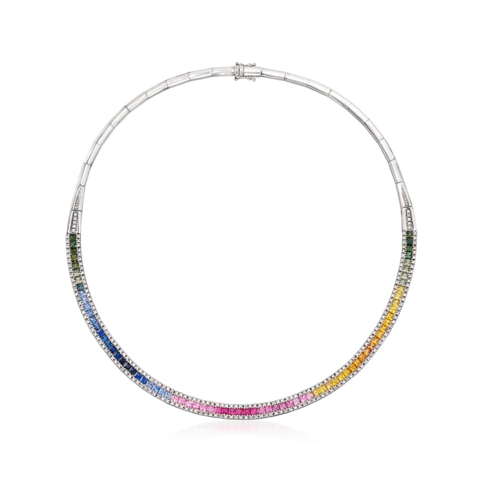 C. 1990 Vintage 11.15 ct. t.w. Multicolored Sapphire and 1.65 ct. t.w. Diamond Necklace in 14kt White Gold