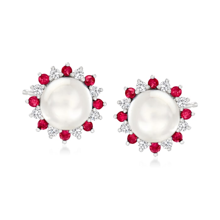 7-7.5mm Cultured Pearl and .40 ct. t.w. Ruby Earrings with .40 ct. t.w. White Sapphire in Sterling Silver 