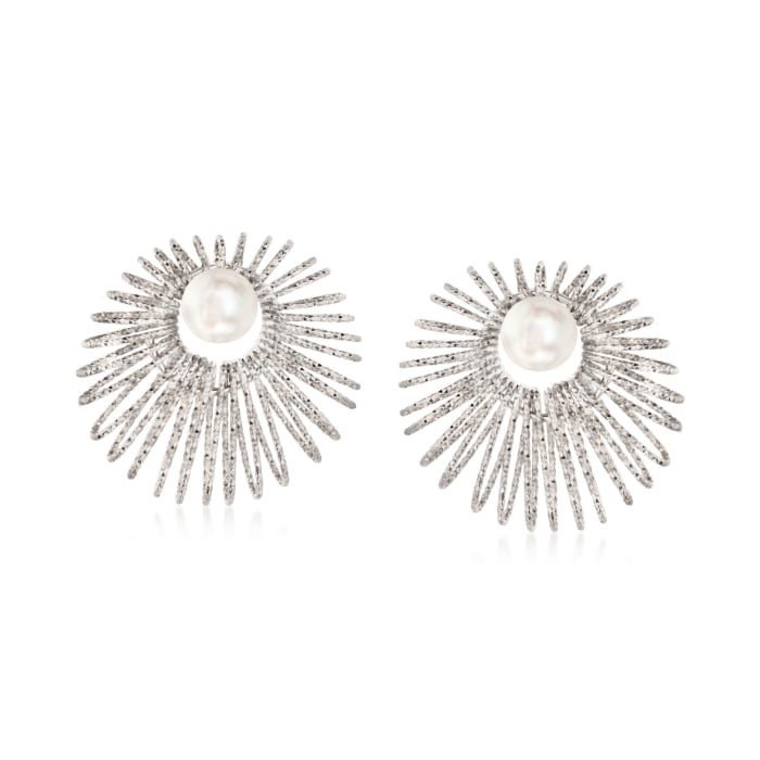 Italian Sterling Silver Jewelry Set: 8-8.5mm Cultured Pearl Earrings and Starburst Earring Jackets