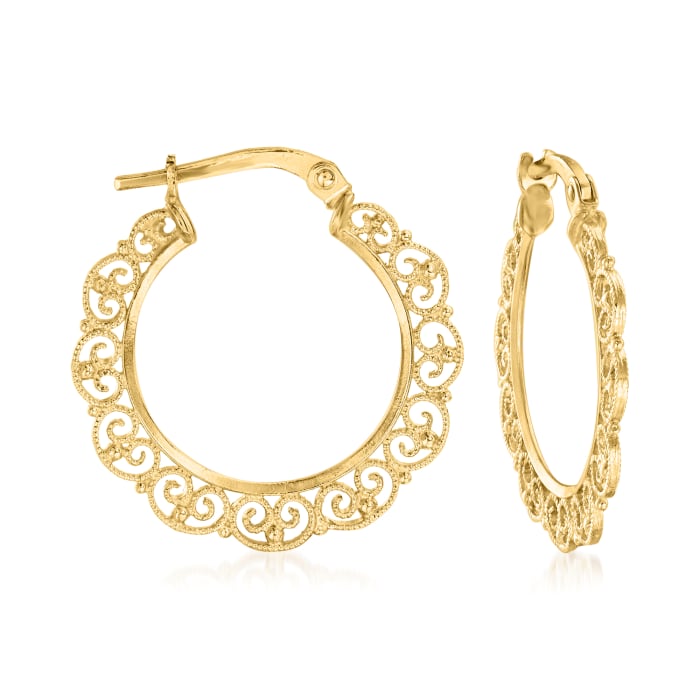 Italian 14kt Yellow Gold Filigree Hoop Earrings. 7/8