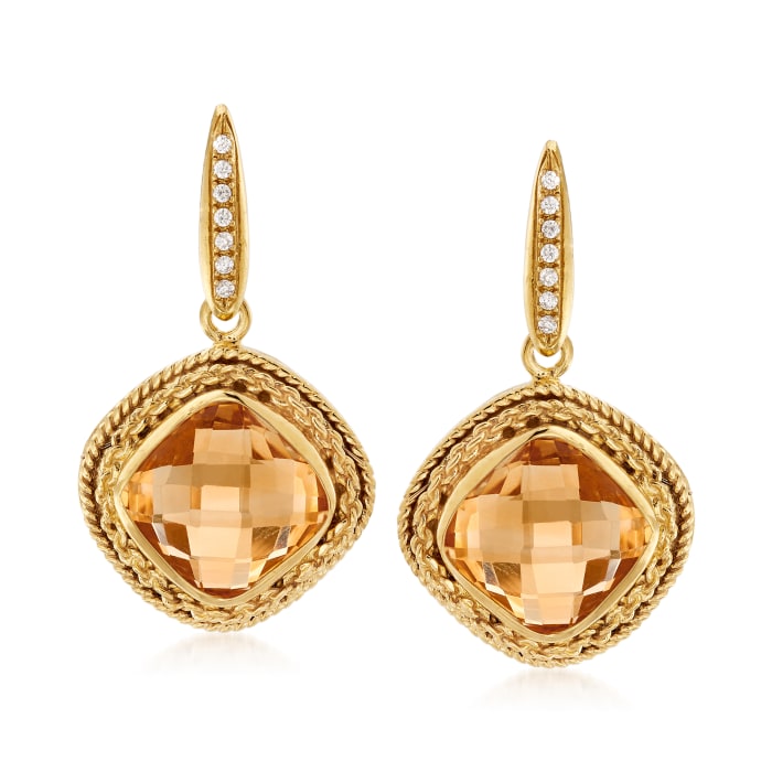 Italian 13.00 ct. t.w. Citrine and .14 ct. t.w. CZ Drop Earrings in 18kt Gold Over Sterling