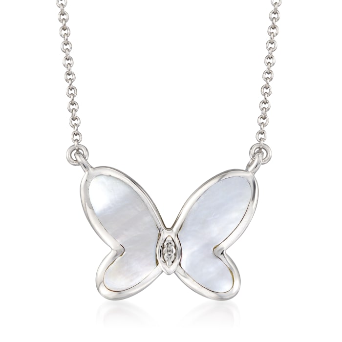 Mother-of-Pearl Butterfly Necklace with Diamond Accents in Sterling Silver