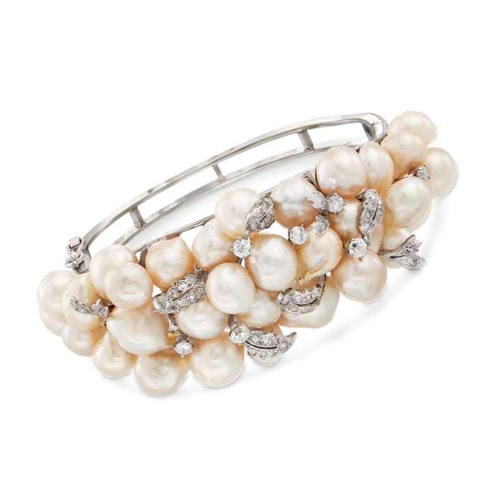 C. 1950 Vintage 9.5x9mm Cultured Pearl and 1.50 ct. t.w. Diamond Cluster Bangle Bracelet in 14kt White Gold