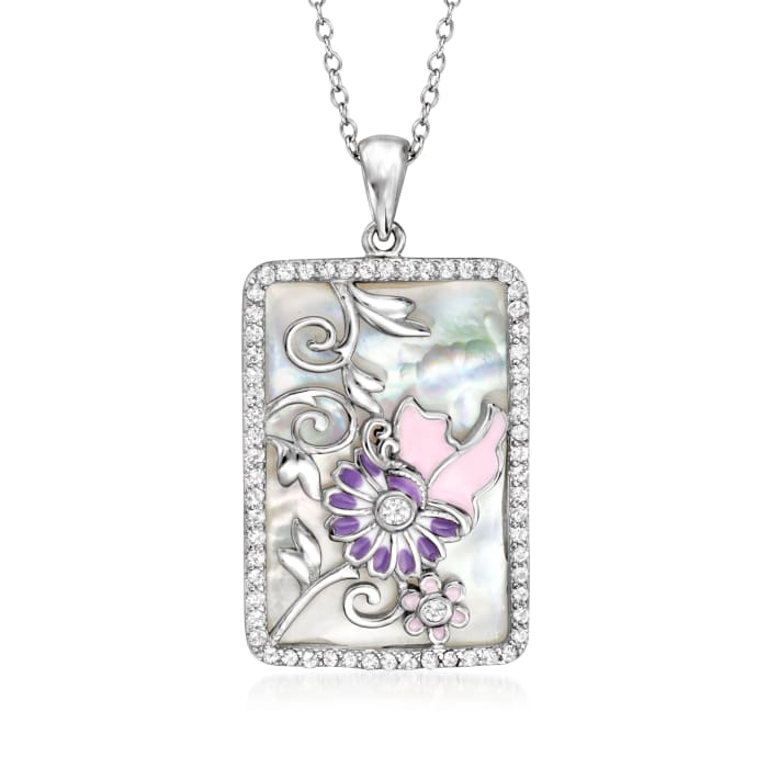 Mother-of-Pearl and .40 ct. t.w. White Topaz Pendant Necklace with Multicolored Enamel in Sterling Silver