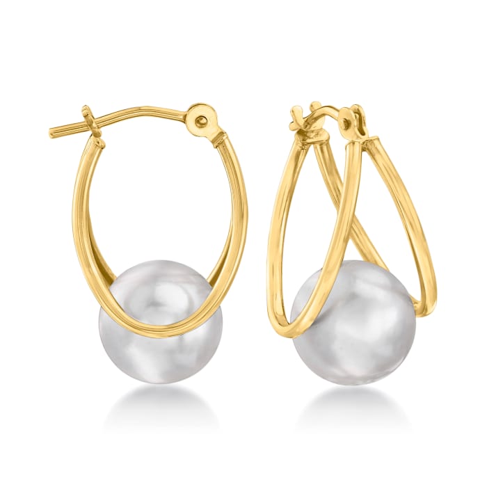 8-9mm Gray Cultured Pearl Double-Hoop Earrings in 14kt Yellow Gold