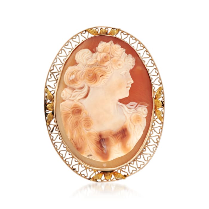 C. 1950 Vintage 44x33mm Shell Cameo Pin in 14kt Yellow Gold