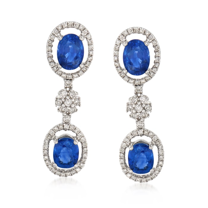 3.40 ct. t.w. Sapphire and .55 ct. t.w. Diamond Drop Earrings in 18kt White Gold