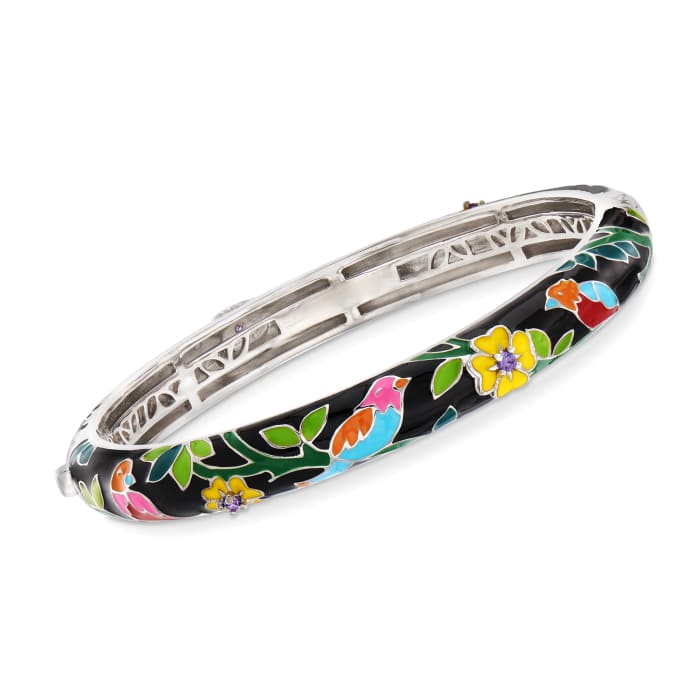 Belle Etoile &quot;Song Bird&quot; Multicolored Enamel Slim Bangle Bracelet with CZ Accents in Sterling Silver