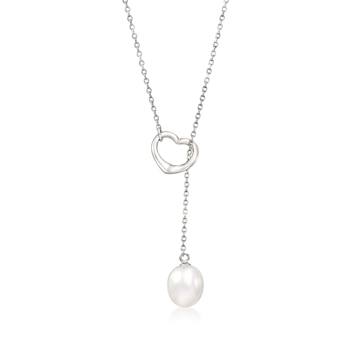 9-10mm Cultured Pearl Heart Lariat Necklace in Sterling Silver