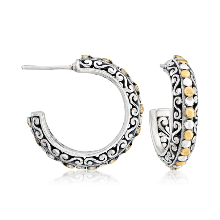 Sterling Silver and 18kt Yellow Gold Bali-Style Dotted C-Hoop Earrings 3/4-inch
