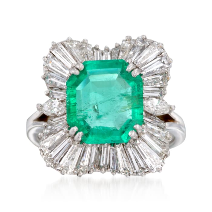 C. 1970 Vintage 3.40 Carat Emerald and 2.45 ct. t.w. Diamond Ballerina Ring in Platinum