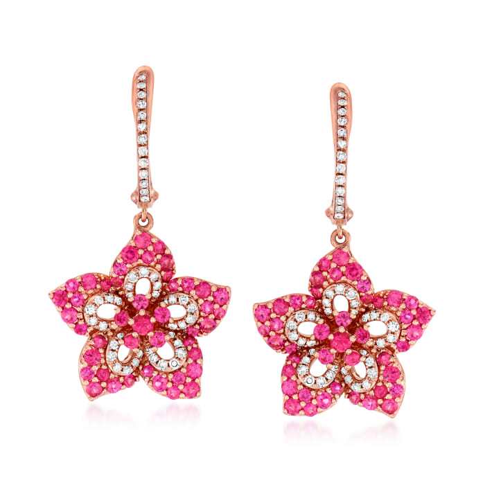 1.40 ct. t.w. Pink Sapphire and .30 ct. t.w. Diamond Flower Drop Earrings in 14kt Rose Gold