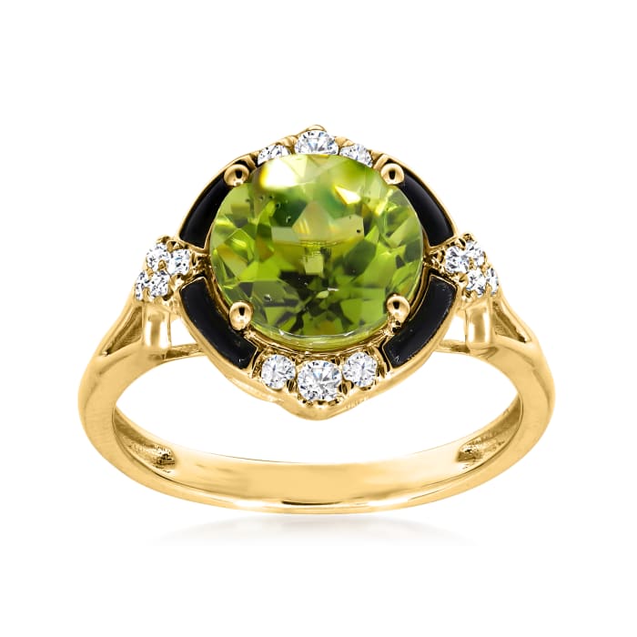3.00 Carat Peridot and .17 ct. t.w. Diamond Ring with Onyx in 14kt Yellow Gold