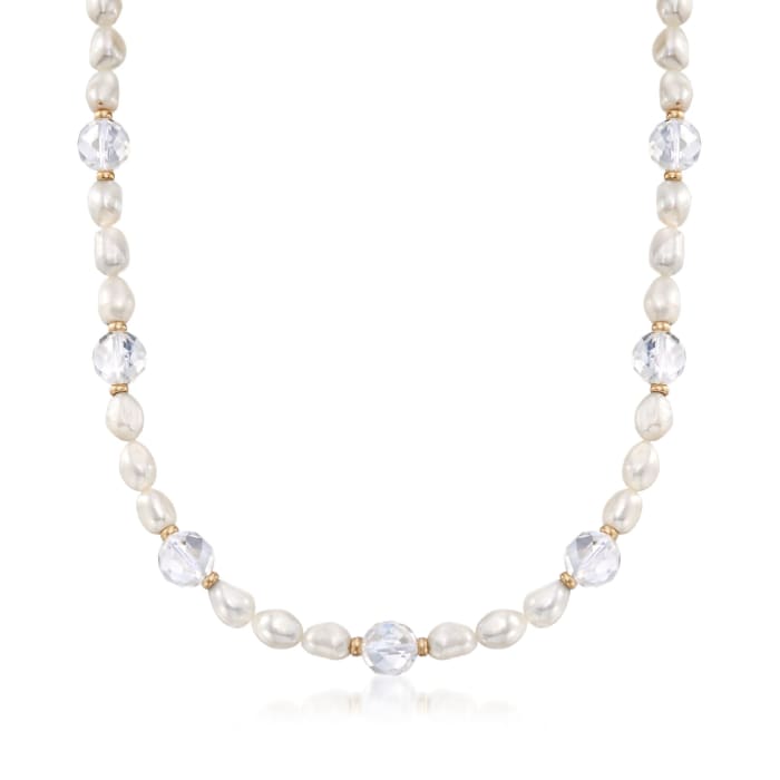8-9mm Cultured Pearl and Rock Crystal Station Necklace with 14kt Yellow Gold