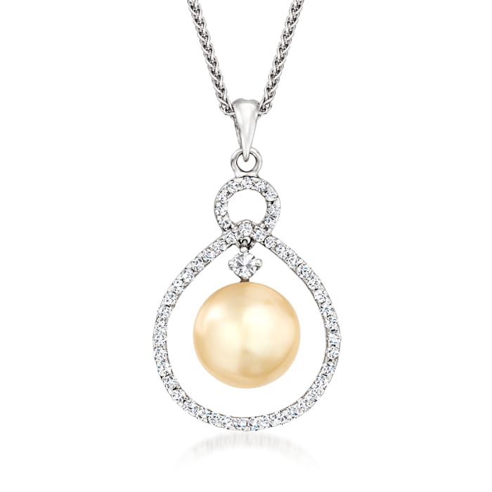 10-10.5mm Golden Cultured Pearl and .78 ct. t.w. Diamond Pendant Necklace in 18kt White Gold