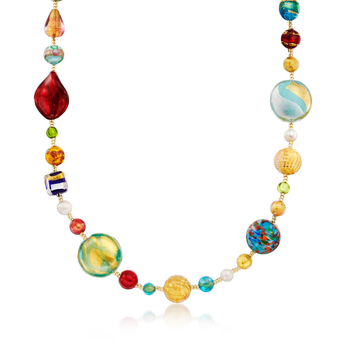 Italian Multicolored Murano Glass Bead and 7.5mm Cultured Pearl Necklace in 18kt Gold Over Sterling 