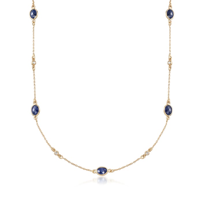 7.25 ct. t.w. Sapphire and .15 ct. t.w. Diamond Station Necklace in 18kt Gold Over Sterling