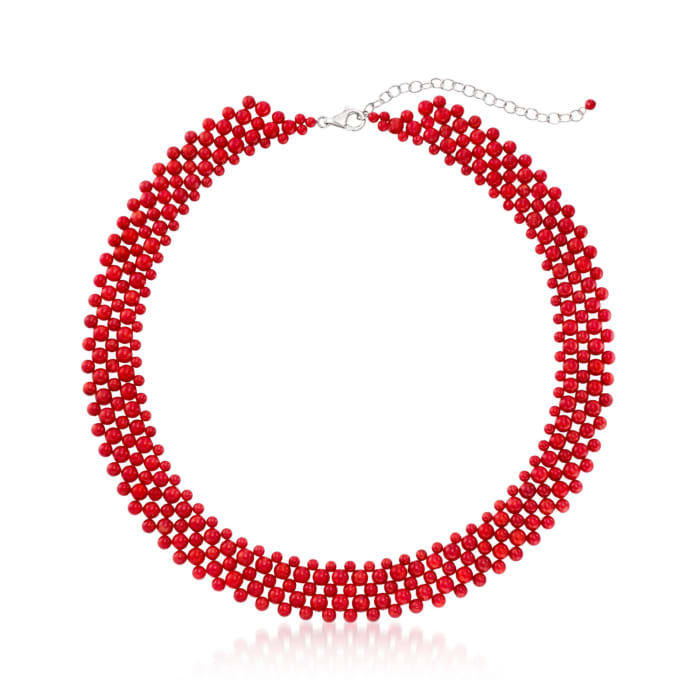 3-5mm Red Coral Bead Collar Necklace in Sterling Silver