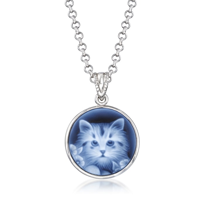 Italian Blue Agate Cat Cameo Pendant Necklace in Sterling Silver