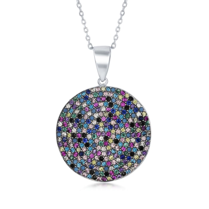Pave Multicolored CZ Circle Pendant Necklace in Sterling Silver