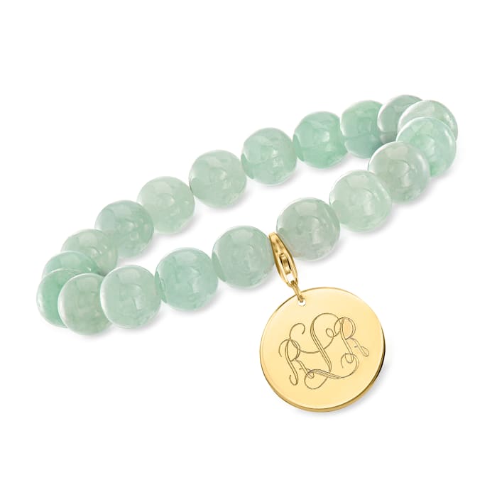 Jade Bead Stretch Bracelet with 14kt Yellow Gold Personalized Disc Charm