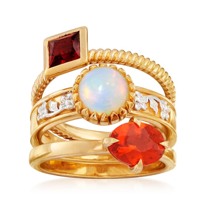 White and Orange Opal and .70 ct. t.w. Garnet Jewelry Set: Three Rings in 18kt Gold Over Sterling