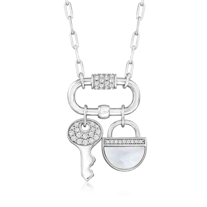 Charles Garnier Mother-of-Pearl  and .60 ct. t.w. CZ Carabiner Lock and Key Charm Necklace in Sterling Silver