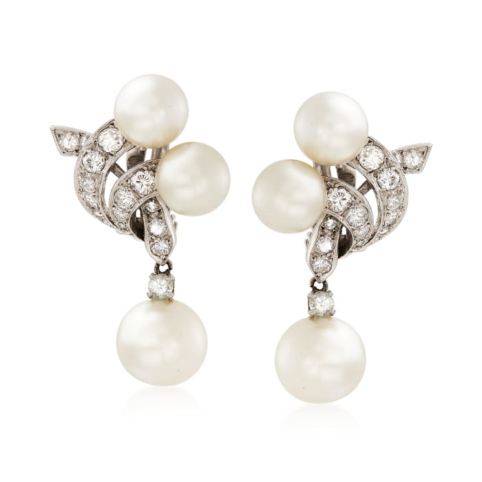 C. 1950 Vintage Cultured Pearl and 1.25 ct. t.w. Diamond Drop Clip-On Earrings in 14kt White Gold  