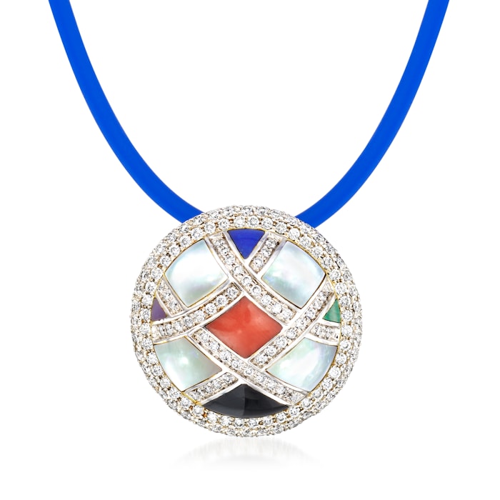 C. 1990 Vintage Asch Grossbardt Multi-Gemstone and .88 ct. t.w. Diamond Pendant Necklace in 14kt Two-Tone Gold with Blue Silicone Cord