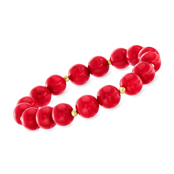 10mm Red Coral Bead Stretch Bracelet with 14kt Yellow Gold