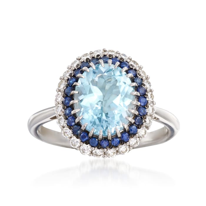 2.40 Carat Aquamarine, .30 ct. t.w. Sapphire and .36 ct. t.w. Diamond Ring in 14kt White Gold